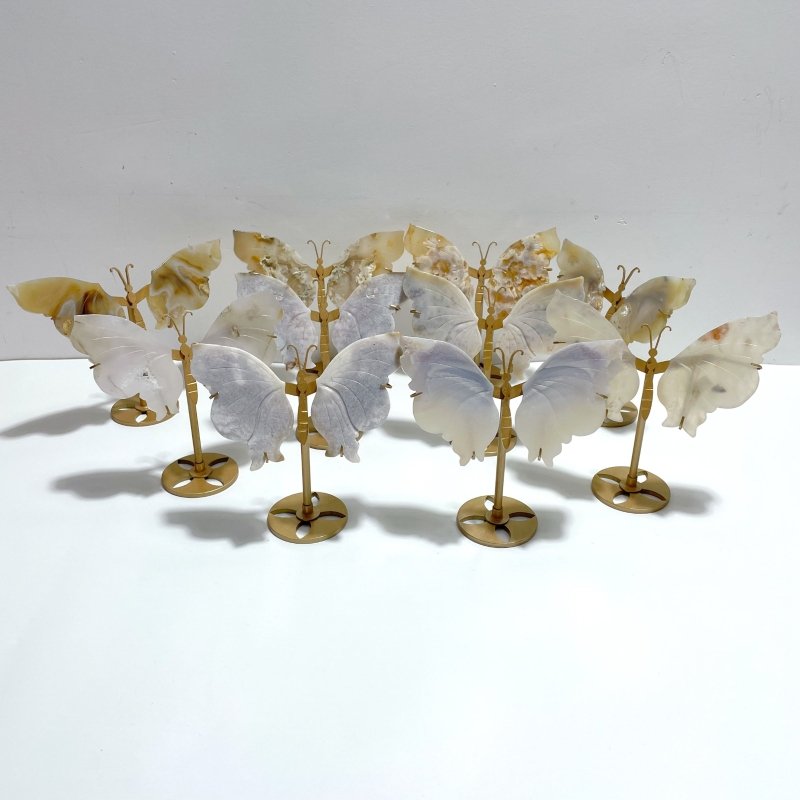 10 Pairs Small Sakura Flower Agate Butterfly Wing Carving With Stand - Wholesale Crystals