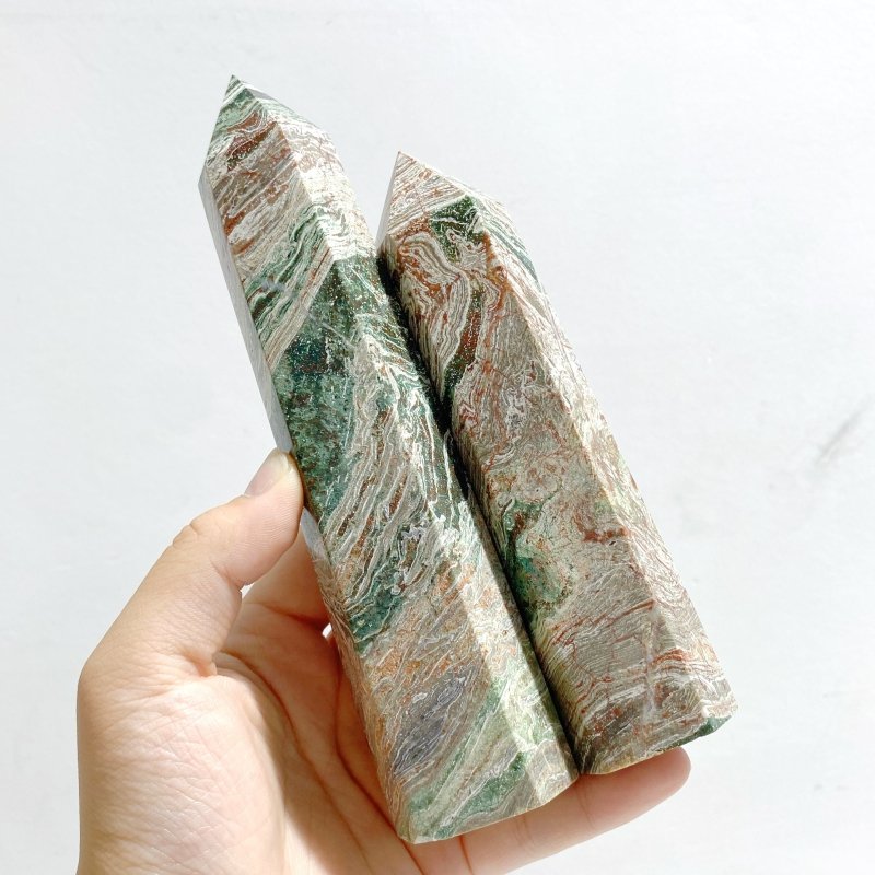 11 Pieces Green Stripe Jasper Point 1 - Wholesale Crystals
