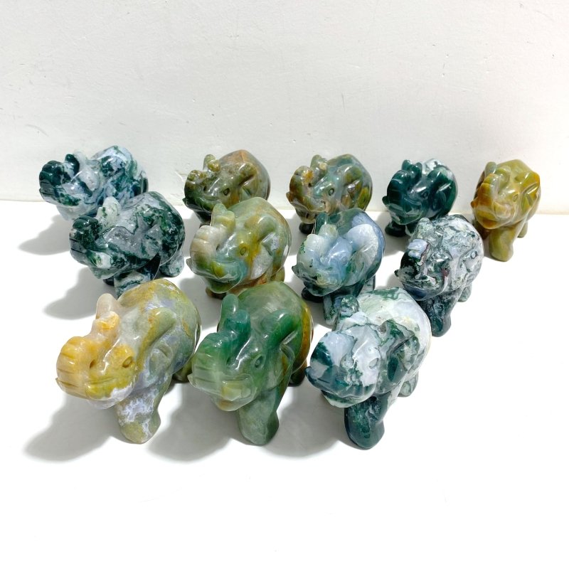 12 Pieces Beautiful Moss Agate Elephant Carving - Wholesale Crystals