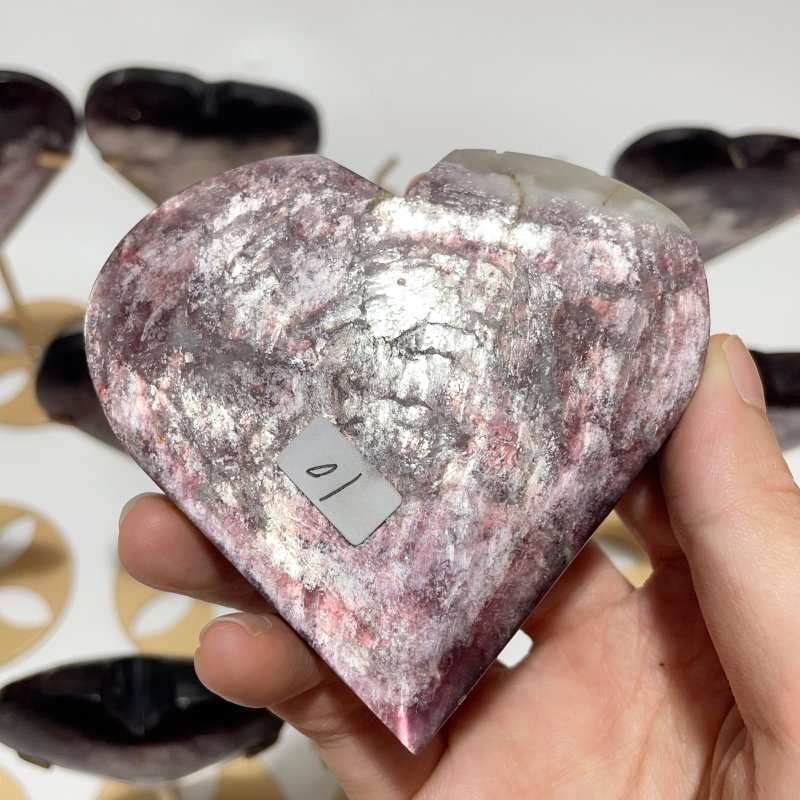 12 Pieces High Quality Flash Lepidolite Heart With Stand - Wholesale Crystals