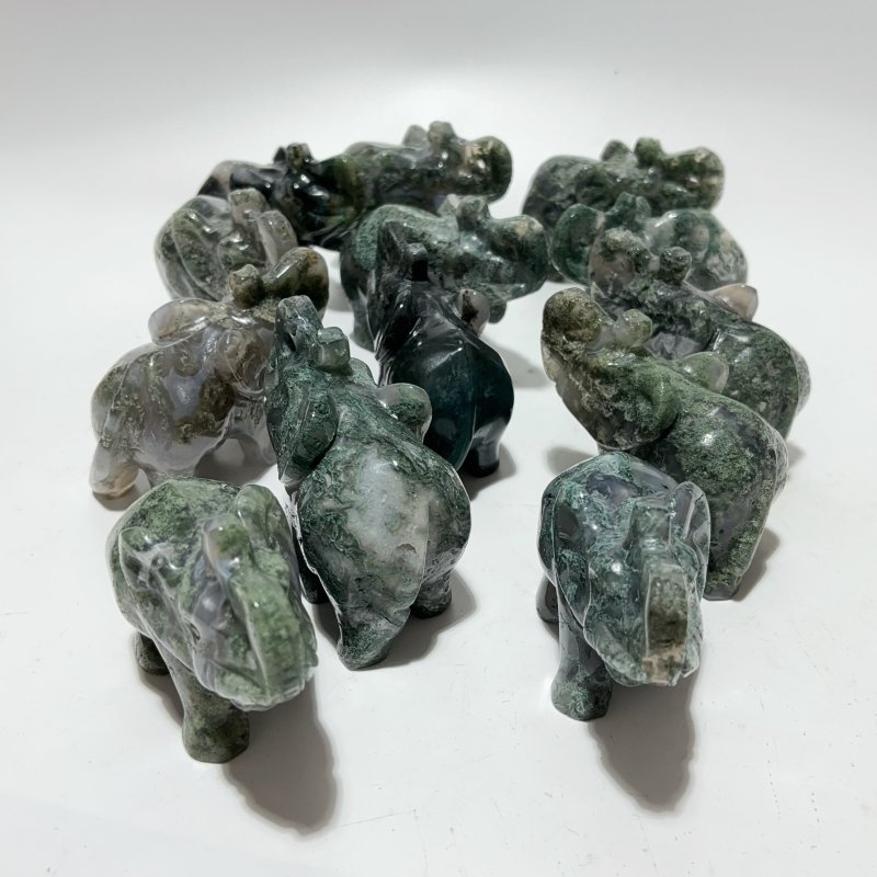 13 Pieces Beautiful Moss Agate Elephant Carving -Wholesale Crystals