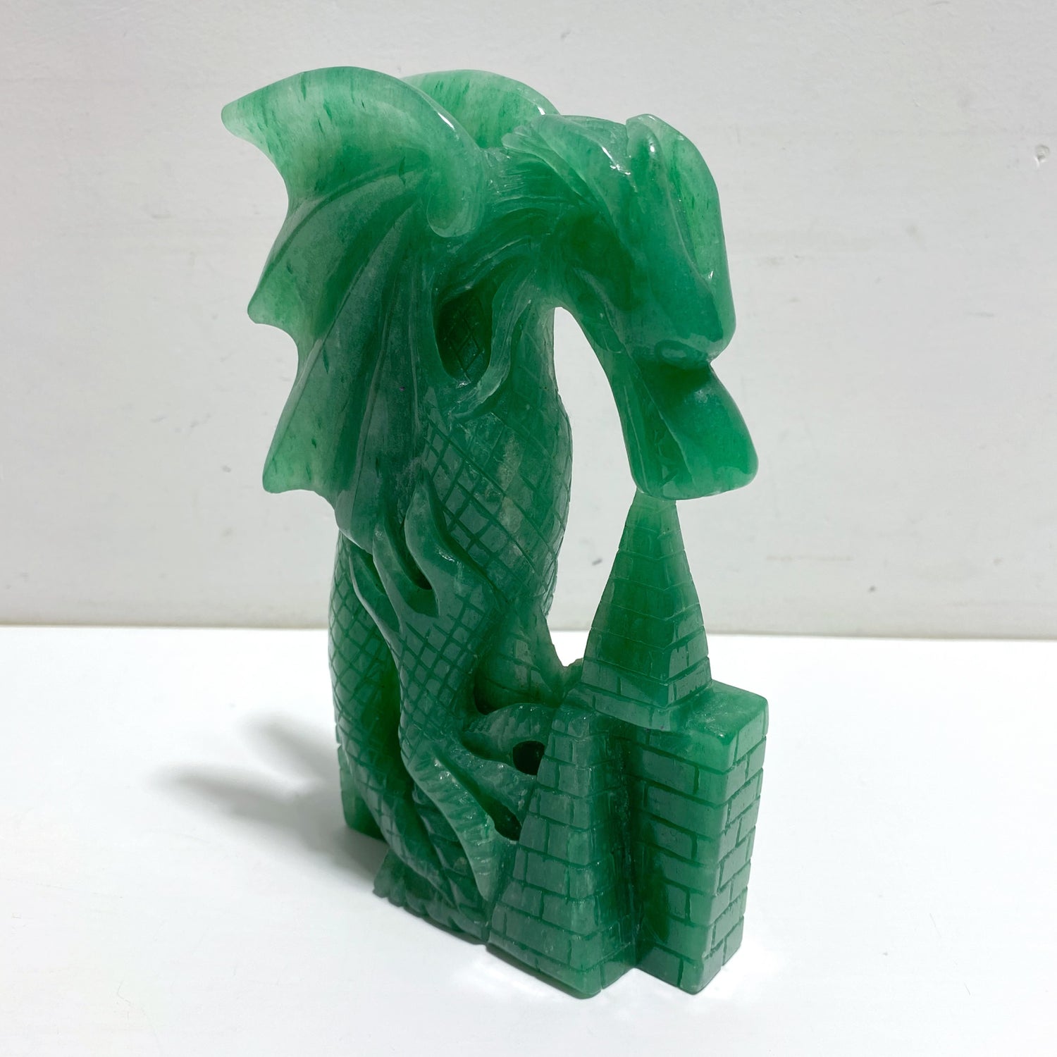 Unique Green Aventurine Flying Dragon Castle Carving #3