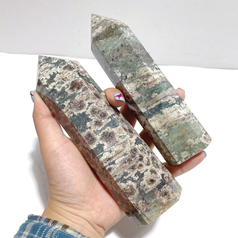 15 Pieces Green Sakura Flower Agate Point - Wholesale Crystals