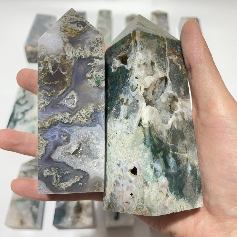17 Pieces Geode Moss Agate Druzy Four - Sided Points - Wholesale Crystals