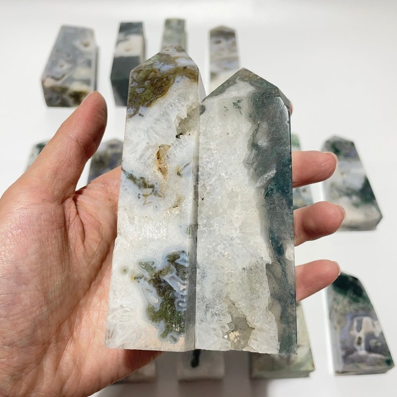 17 Pieces Geode Moss Agate Druzy Four - Sided Points - Wholesale Crystals