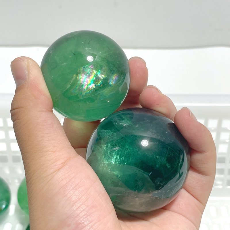 17 Pieces Green Fluorite Spheres With Rainbow - Wholesale Crystals