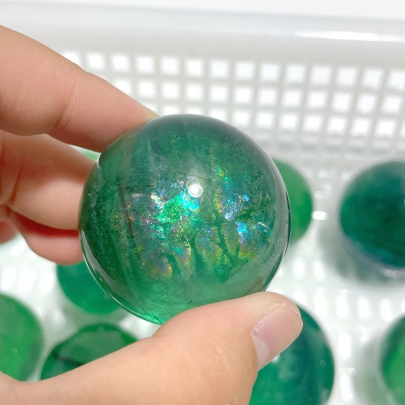 17 Pieces Green Fluorite Spheres With Rainbow - Wholesale Crystals