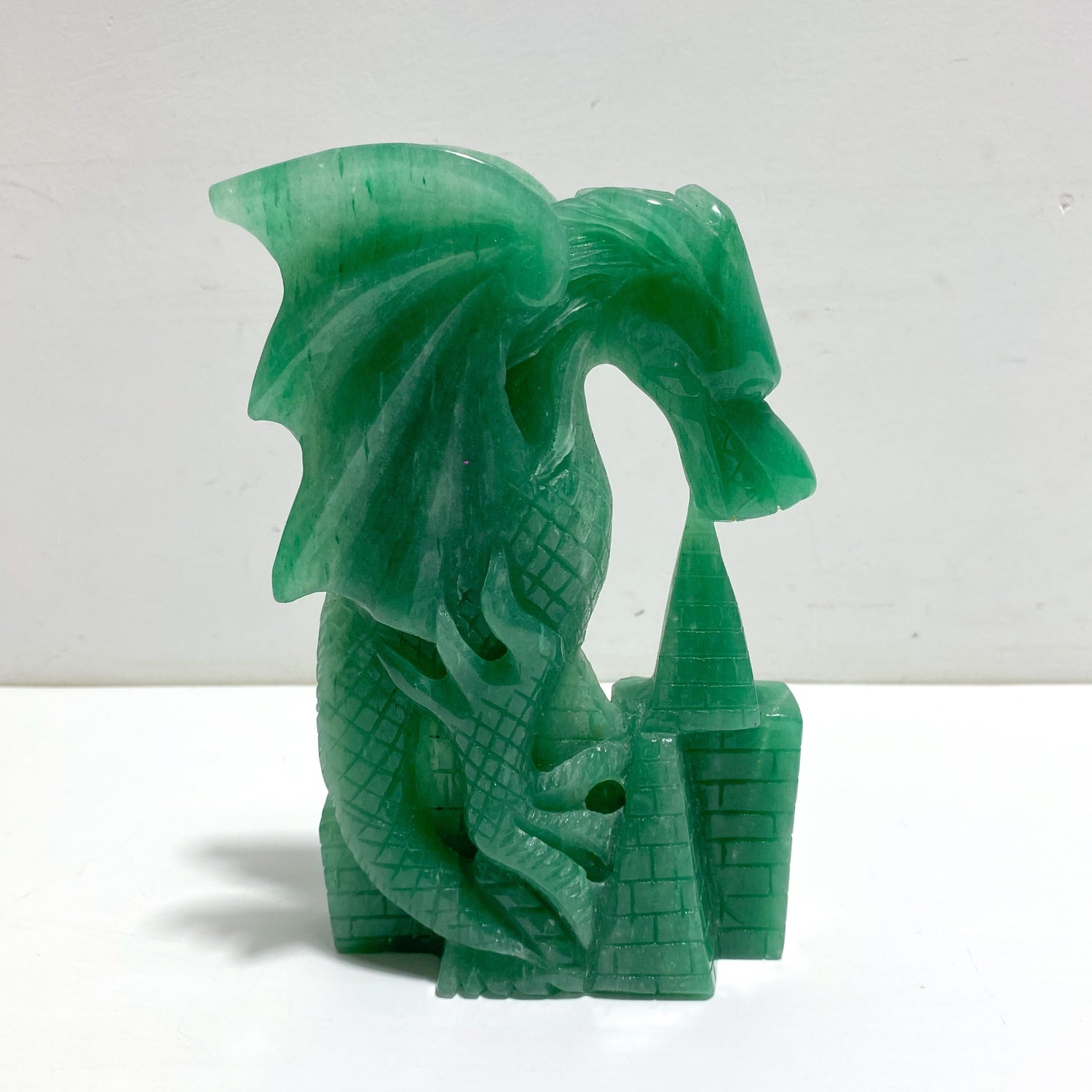 Unique Green Aventurine Flying Dragon Castle Carving #3