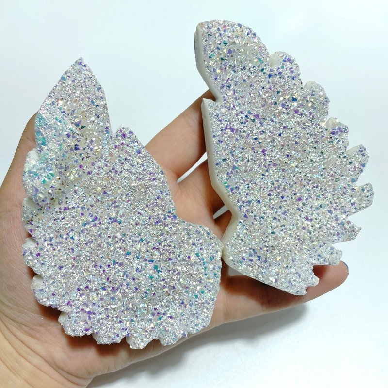 2 Pairs Beautiful Aura Quartz Cluster Angel Wing Carving With Stand - Wholesale Crystals