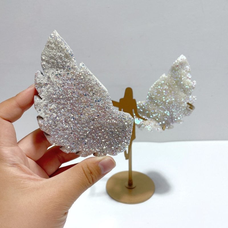 2 Pairs Beautiful Aura Quartz Cluster Angel Wing Carving With Stand - Wholesale Crystals