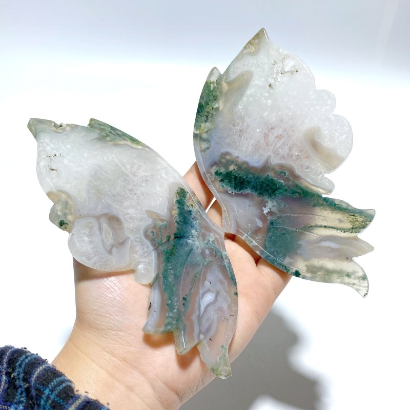 2 Pairs Butterfly Wing Carving With Stand Moss Agate Sakura Flower Agate - Wholesale Crystals