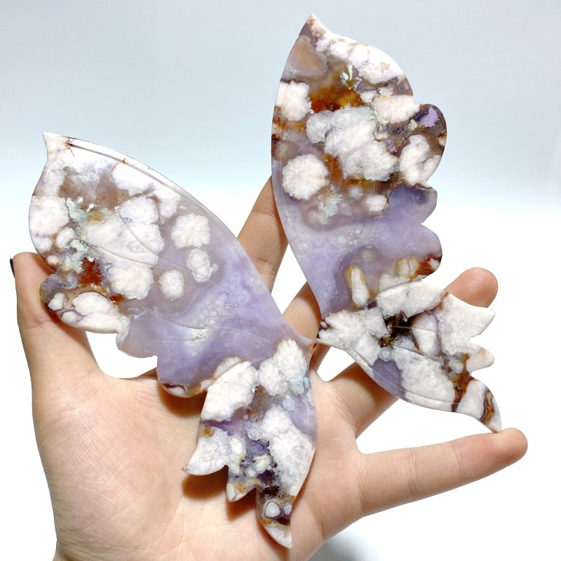 2 Pairs Butterfly Wing Carving With Stand Moss Agate Sakura Flower Agate - Wholesale Crystals