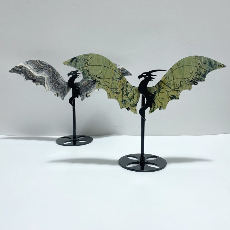 2 Pairs Flying Dragon Wing With Stand Grey Calcite Green Jade - Wholesale Crystals