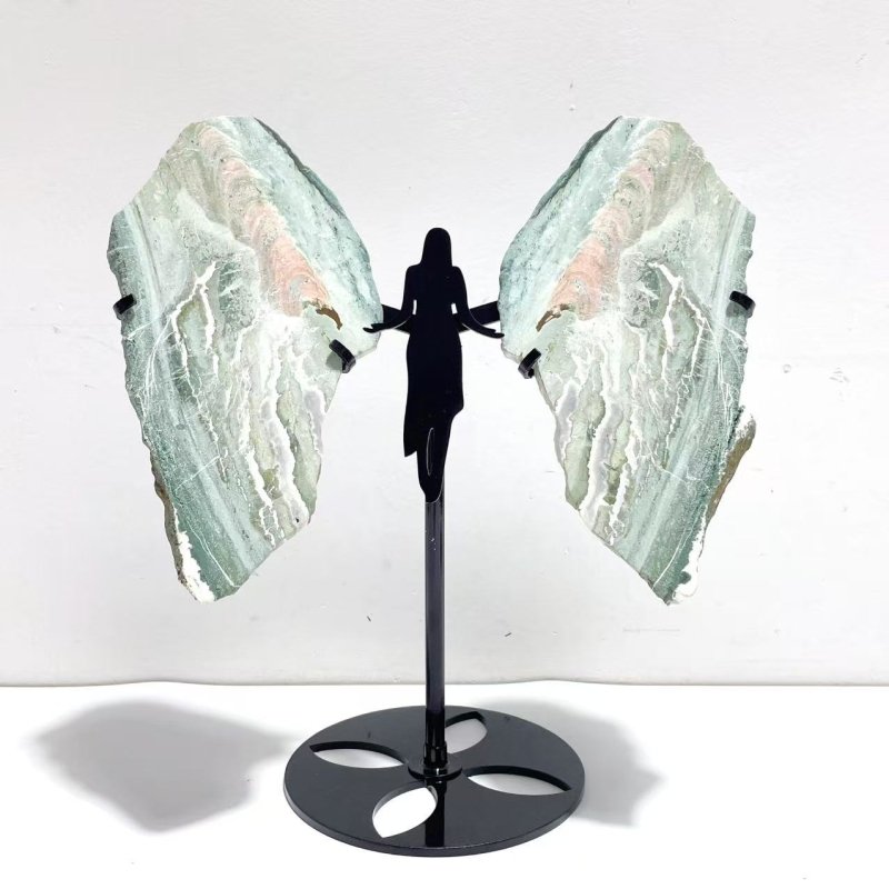 2 Pairs Stripe Moss Agate Slab Angel Wing With Stand - Wholesale Crystals