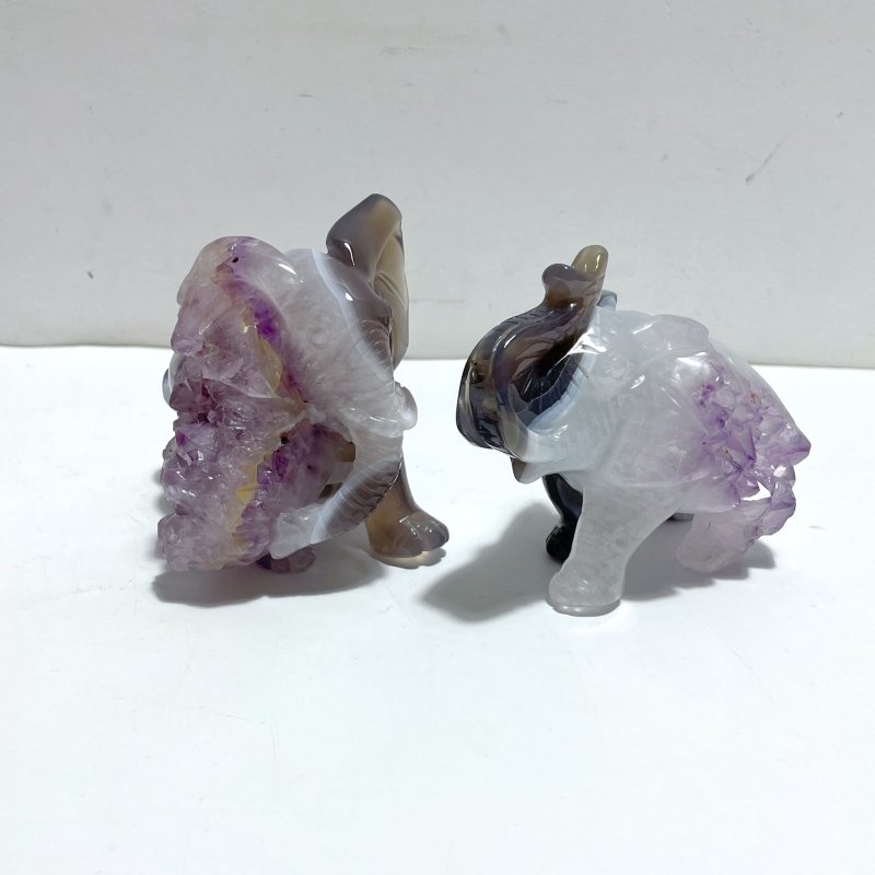 2 Pieces Amethyst Mixed Geode Agate Druzy Elephant Animal Carving A09 - Wholesale Crystals