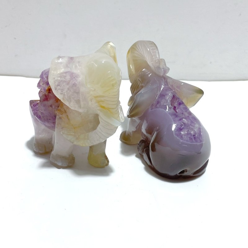 2 Pieces Amethyst Mixed Geode Druzy Agate Elephant Animal Carving A21 - Wholesale Crystals