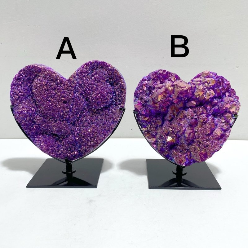 2 Pieces Aura Purple Quartz Cluster Heart With Stand 9 - Wholesale Crystals