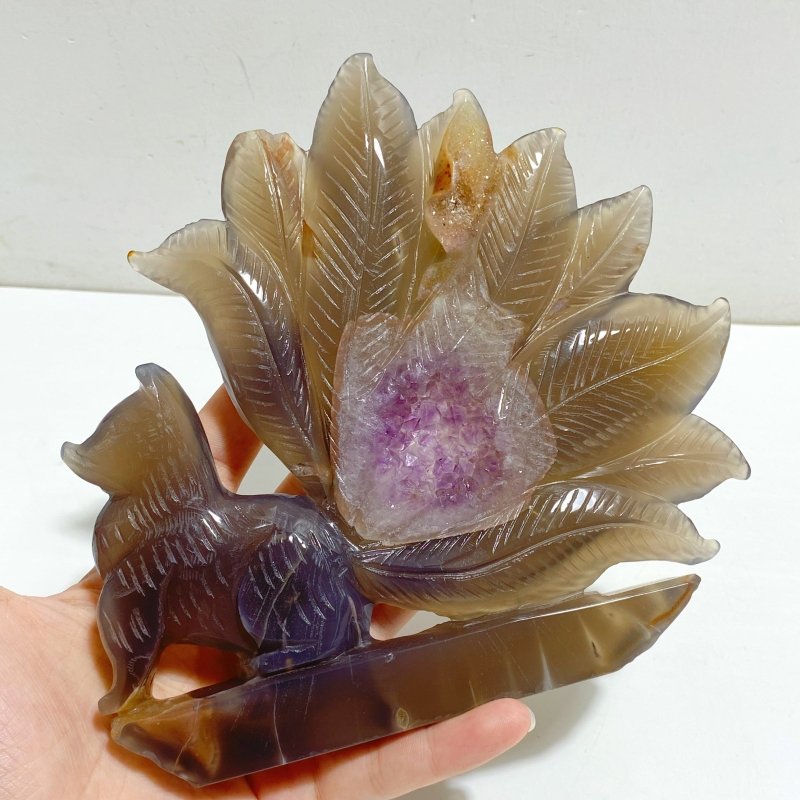 2 Pieces Geode Druzy Agate Nine-tailed Fox Carving -Wholesale Crystals