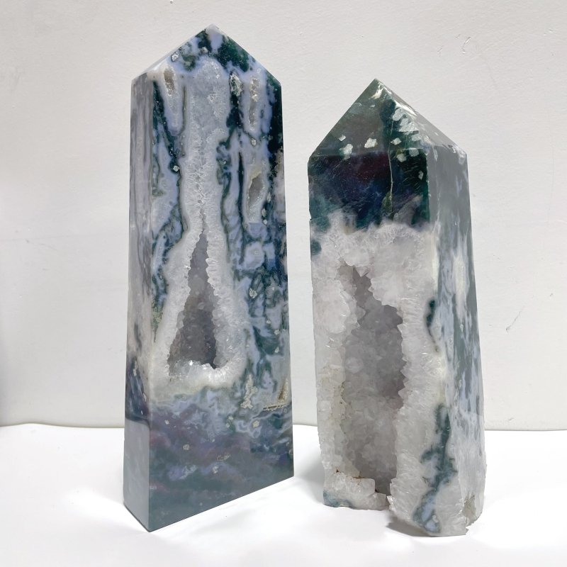 2 Pieces Large Geode Druzy Moss Agate Four - sided Point - Wholesale Crystals