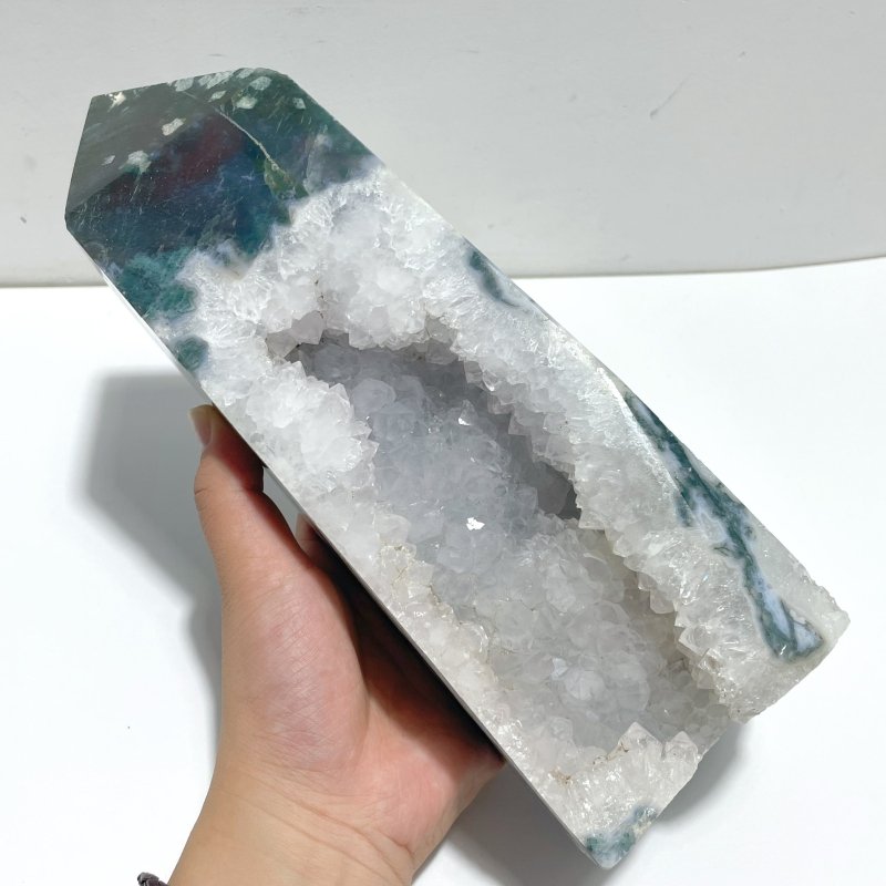 2 Pieces Large Geode Druzy Moss Agate Four - sided Point - Wholesale Crystals