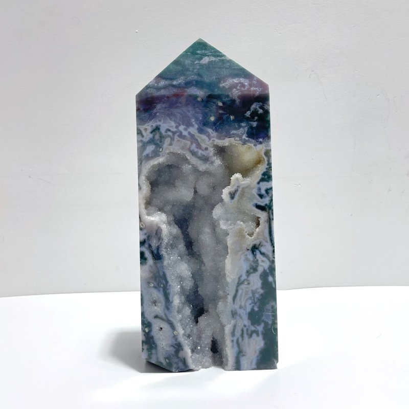 2 Pieces Large Geode Druzy Moss Agate Tower Point - Wholesale Crystals