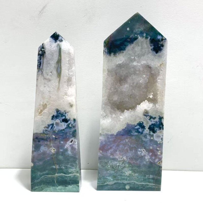 2 Pieces Large Geode Druzy Moss Agate Tower Point - Wholesale Crystals