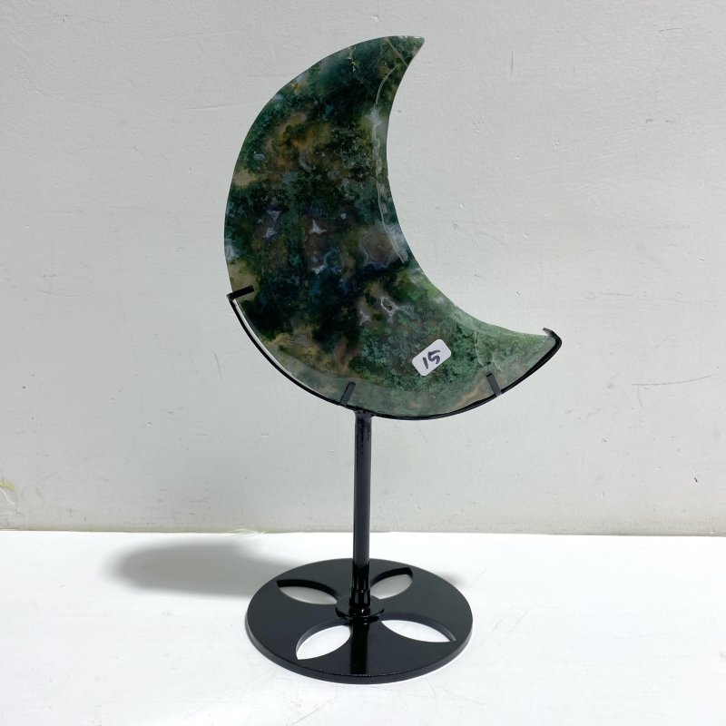 2 Pieces Large Moss Agate Moon Carving With Stand - Wholesale Crystals
