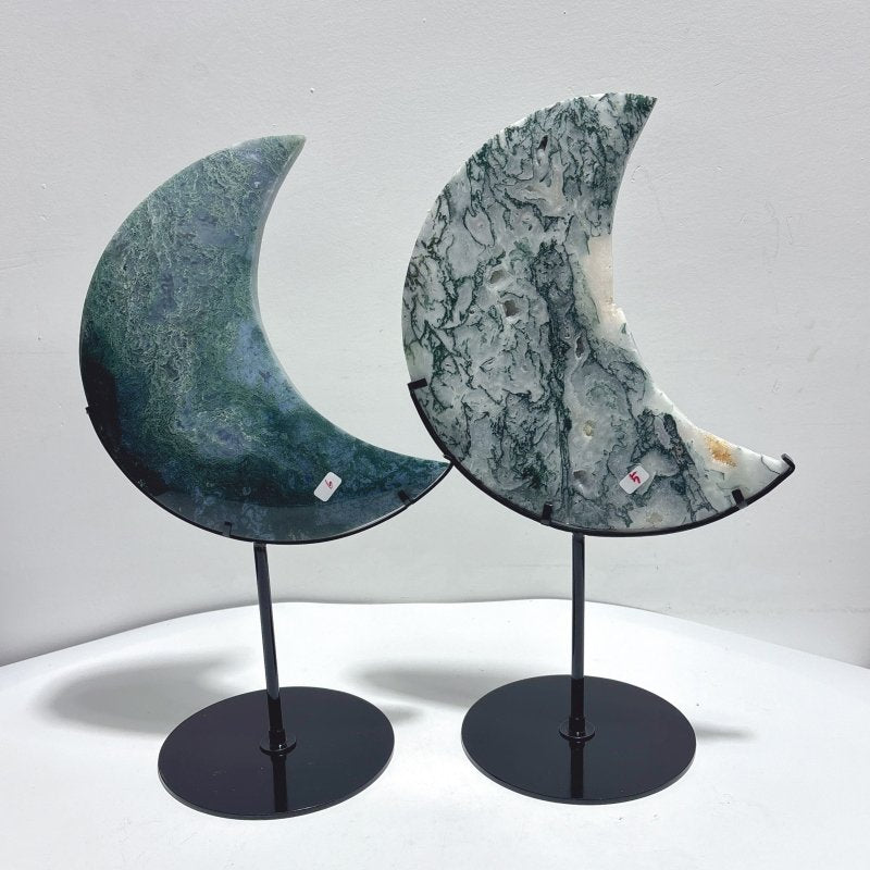 2 Pieces Large Moss Agate Moon Carving With Stand - Wholesale Crystals