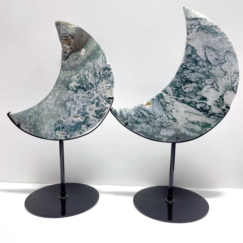2 Pieces Large Moss Agate Moon With Stand Home Decor - Wholesale Crystals