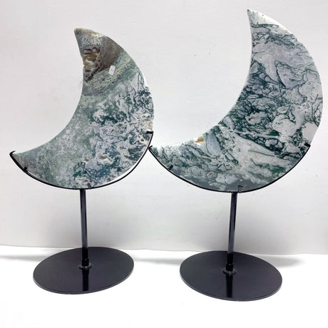 2 Pieces Large Moss Agate Moon With Stand Home Decor - Wholesale Crystals