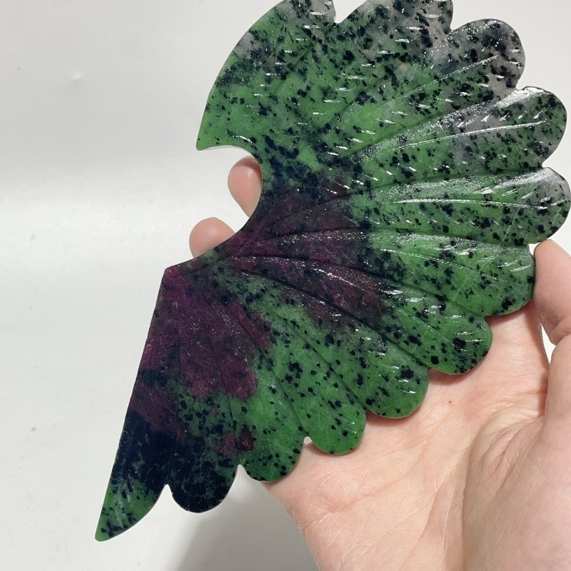 2 Pieces Ruby Zoisite Stone Feather Heart Carving With Stand - Wholesale Crystals