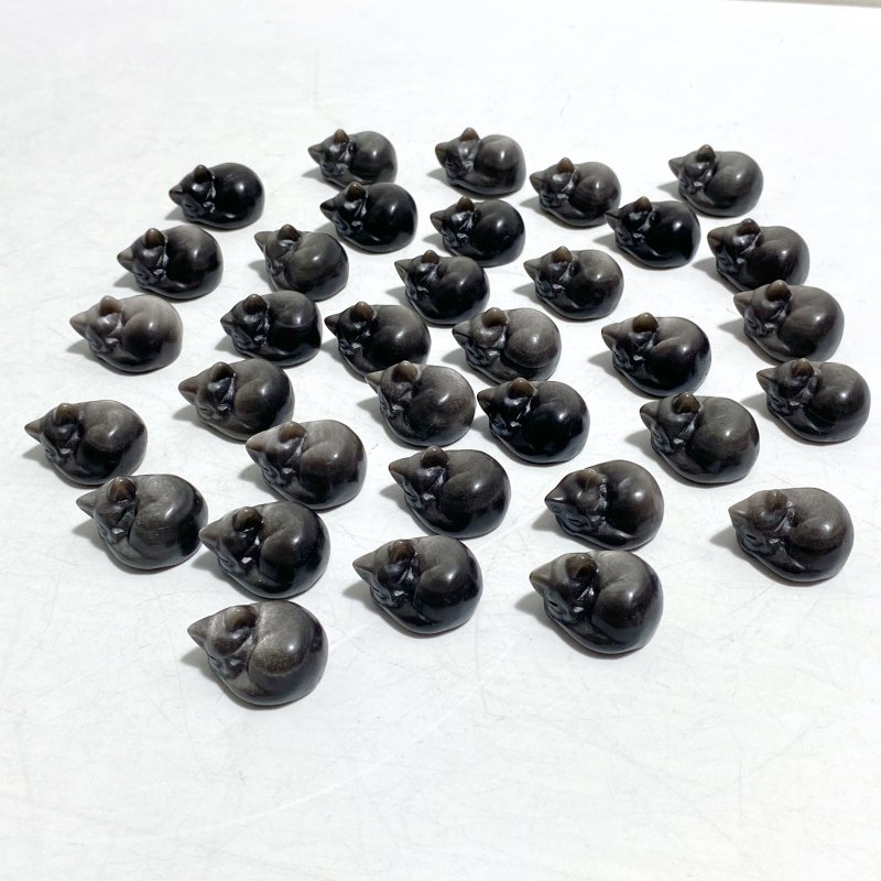 2.4cm Small Silver Sheen Obsidian Sleeping Cat Carving Wholesale - Wholesale Crystals