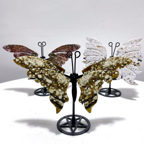 3 Pairs 8th Vein Ocean Jasper Butterfly Wing Carving With Stand 2 - Wholesale Crystals