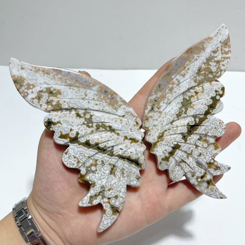 3 Pairs 8th Vein Ocean Jasper Butterfly Wing Carving With Stand #3 - Wholesale Crystals