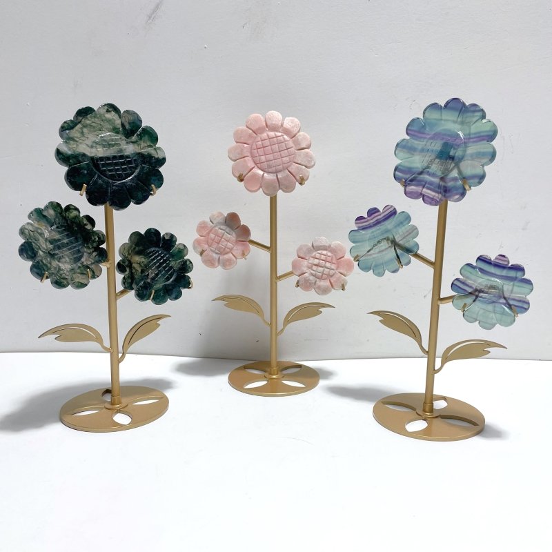 3 Pairs Beautiful Flower Carving With Stand Moss Agate Pink Opal Fluorite - Wholesale Crystals