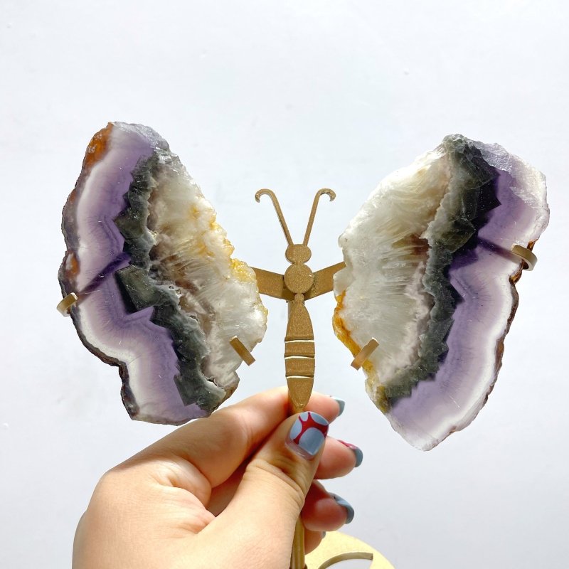 3 Pairs Fluorite Mixed Pyrite Butterfly Wing Carving With Stand - Wholesale Crystals