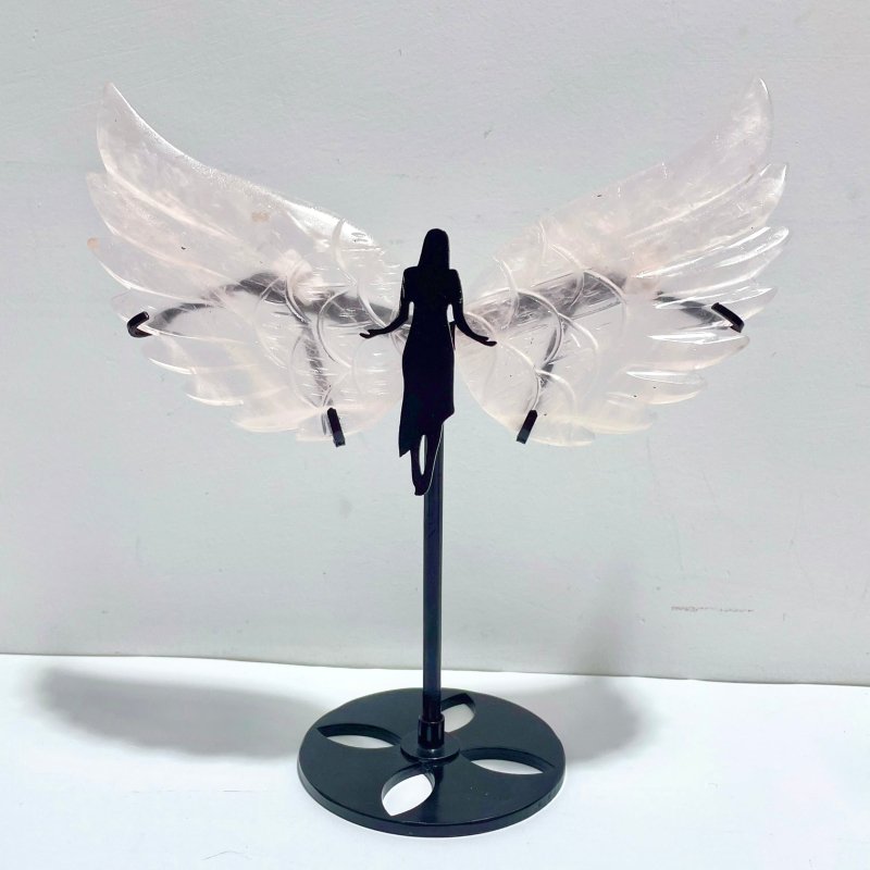 3 Pairs Rose Quartz Angel Wing Carving With Stand - Wholesale Crystals
