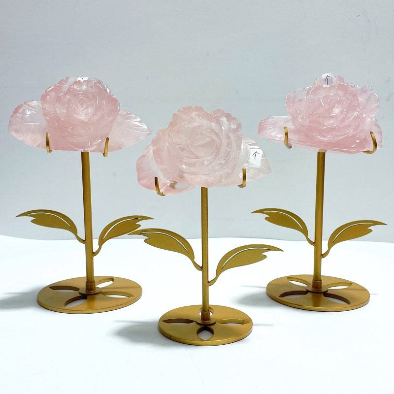 3 Pairs Rose Quartz Flower Carving With Stand - Wholesale Crystals