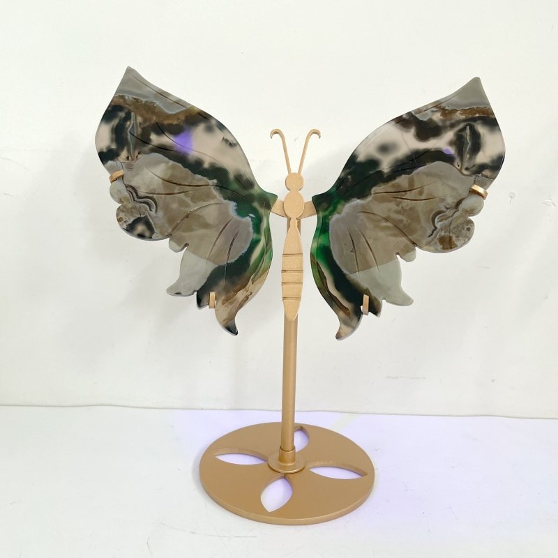 3 Pairs Volcano Agate Butterfly Wing Carving With Stand (UV Reactive) - Wholesale Crystals