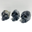 3 Pieces Black Clear Quartz Cluster Skull Carving - Wholesale Crystals
