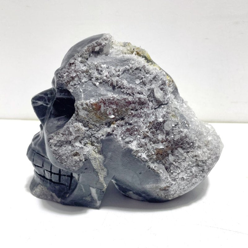 3 Pieces Black Clear Quartz Cluster Skull Carving - Wholesale Crystals