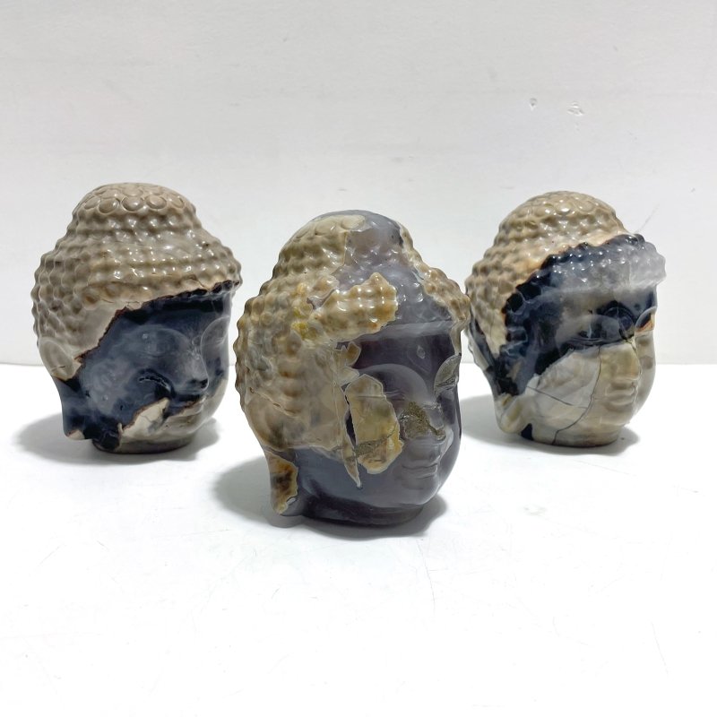 3 Pieces Volcano Agate Buddha Head Carving(UV - Reactive) (Clearance) - Wholesale Crystals