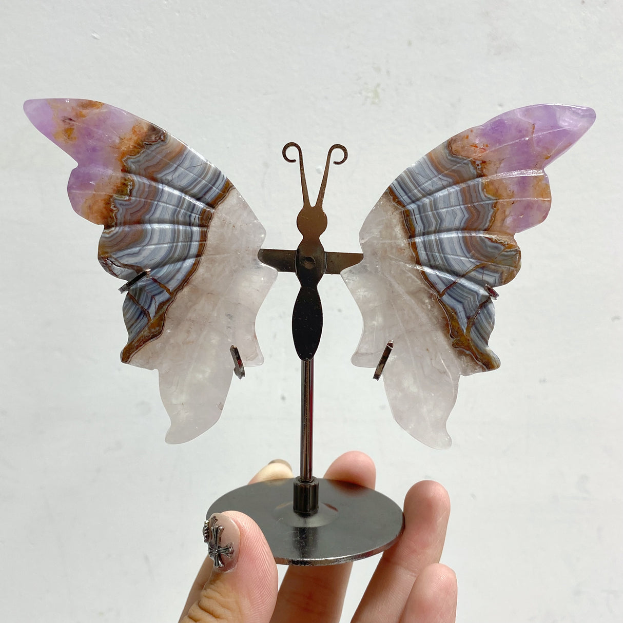 Amethyst Mixed Stripe Agate Butterfly Wing Carving With Stand Wholesale