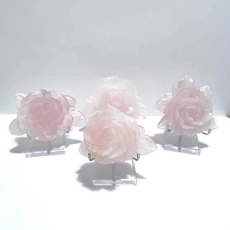 4 Pairs Beautiful Rose Quartz Flower Carving With Stand - Wholesale Crystals