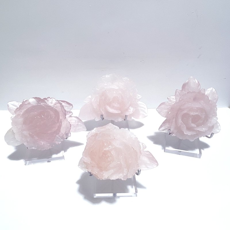 4 Pairs Beautiful Rose Quartz Flower Carving With Stand - Wholesale Crystals