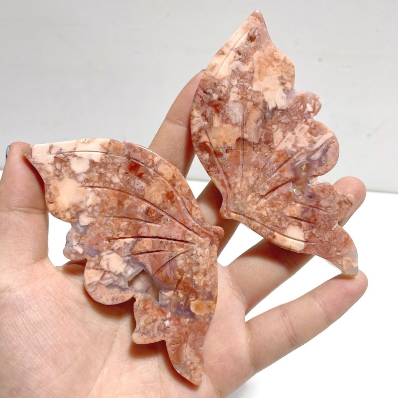 4 Pairs Pink Agate Butterfly Wing Carving With Stand - Wholesale Crystals