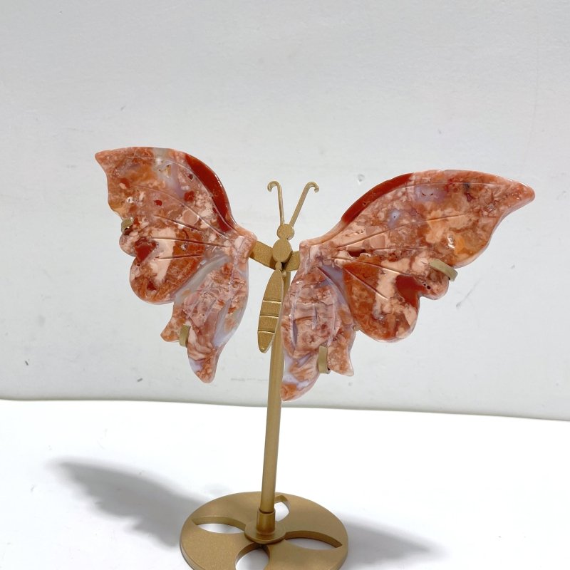 4 Pairs Pink Agate Butterfly Wing Carving With Stand - Wholesale Crystals