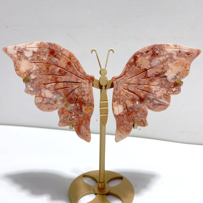 4 Pairs Pink Agate Butterfly Wing Carving With Stand - Wholesale Crystals