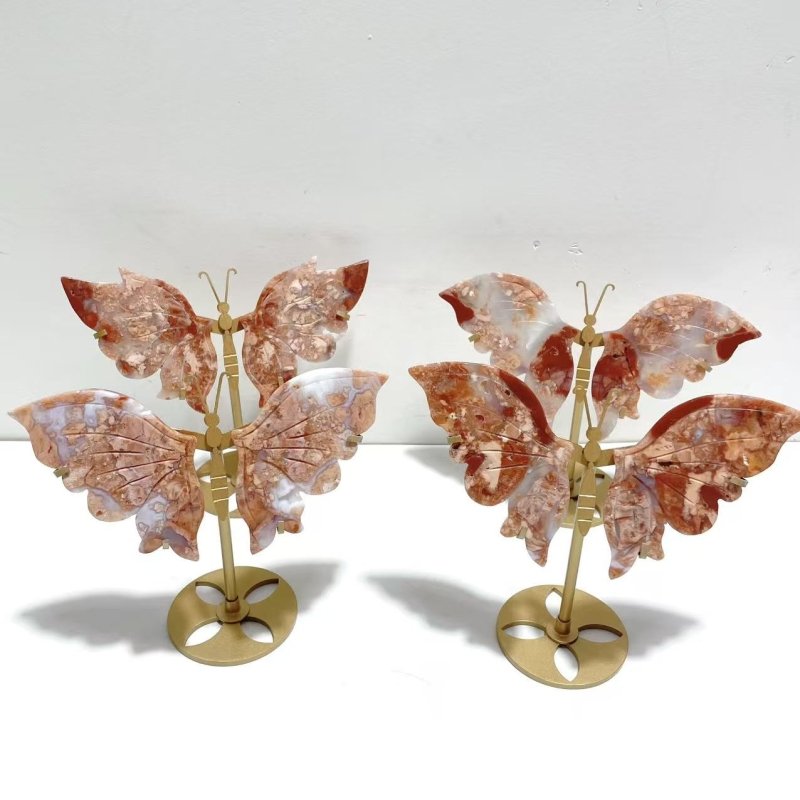 4 Pairs Pink Agate Butterfly Wing Carving With Stand - Wholesale Crystals