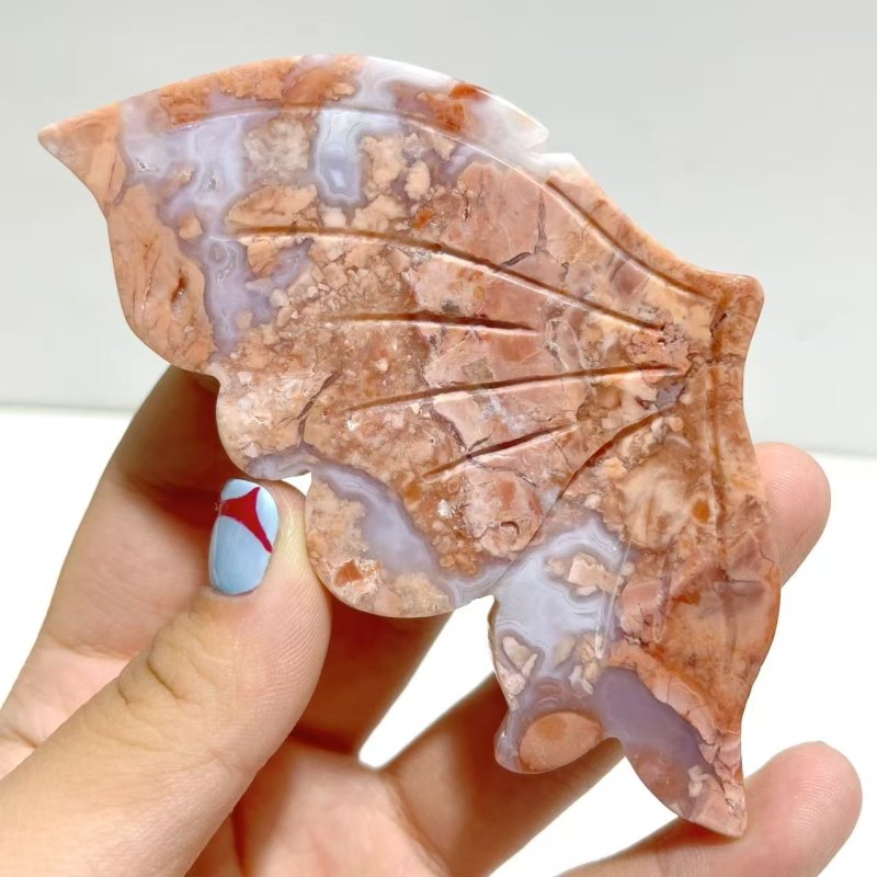 4 Pairs Pink Agate Butterfly Wing Carving With Stand - Wholesale Crystals